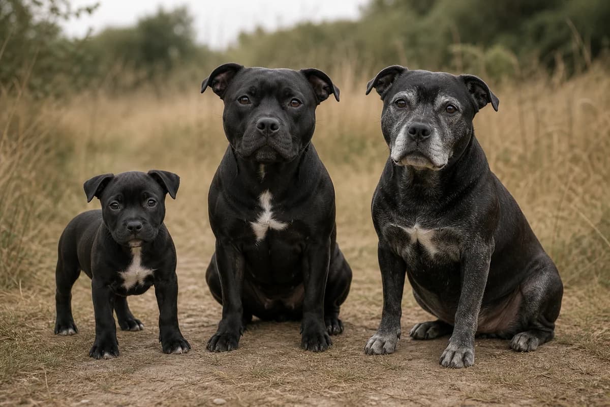 Portrait de trois staffordshire bull terrier : un chiot, un adulte et un chien âgé