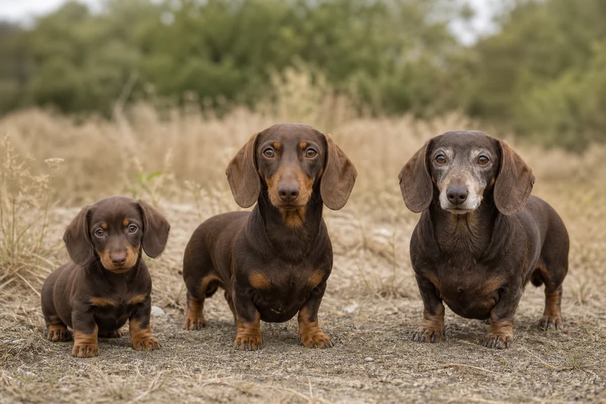 Portrait de trois teckel nain : un chiot, un adulte et un chien âgé
