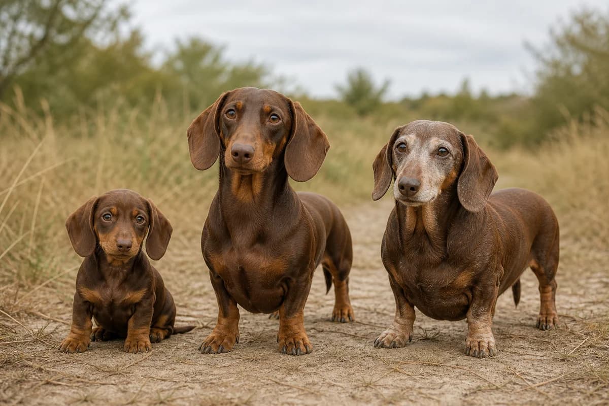 Portrait de trois teckel standard : un chiot, un adulte et un chien âgé