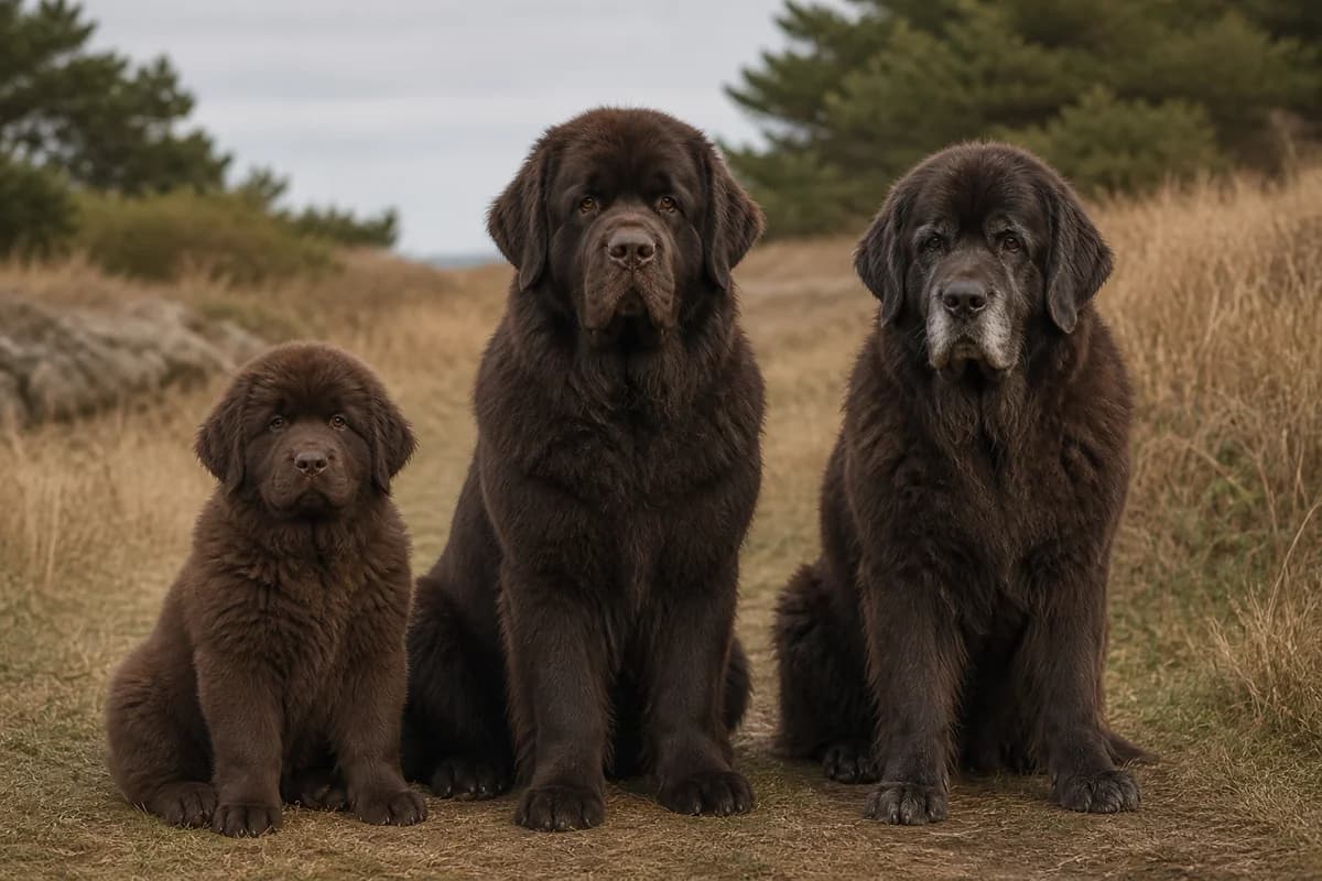 Portrait de trois terre-neuve : un chiot, un adulte et un chien âgé