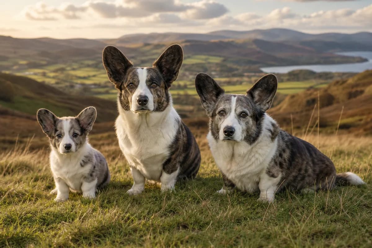 Portrait de trois welsh corgi cardigan : un chiot, un adulte et un chien âgé
