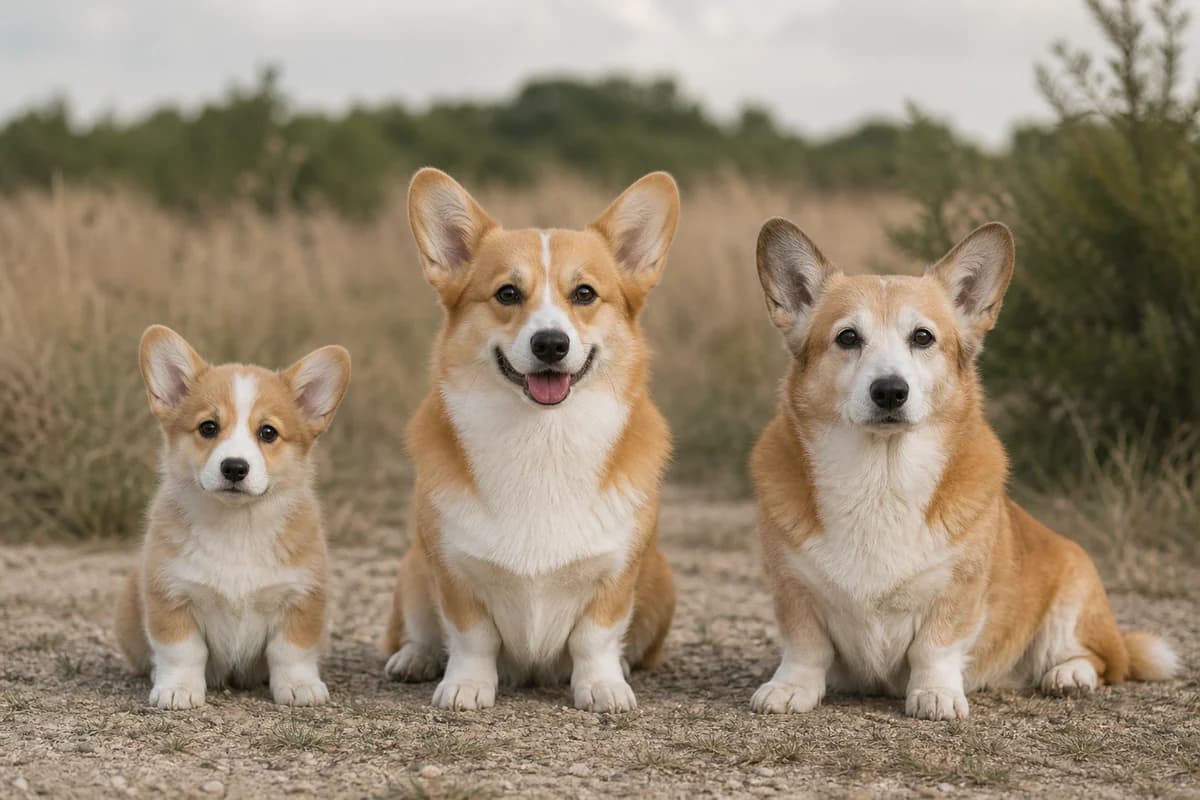 Portrait de trois welsh corgi pembroke : un chiot, un adulte et un chien âgé