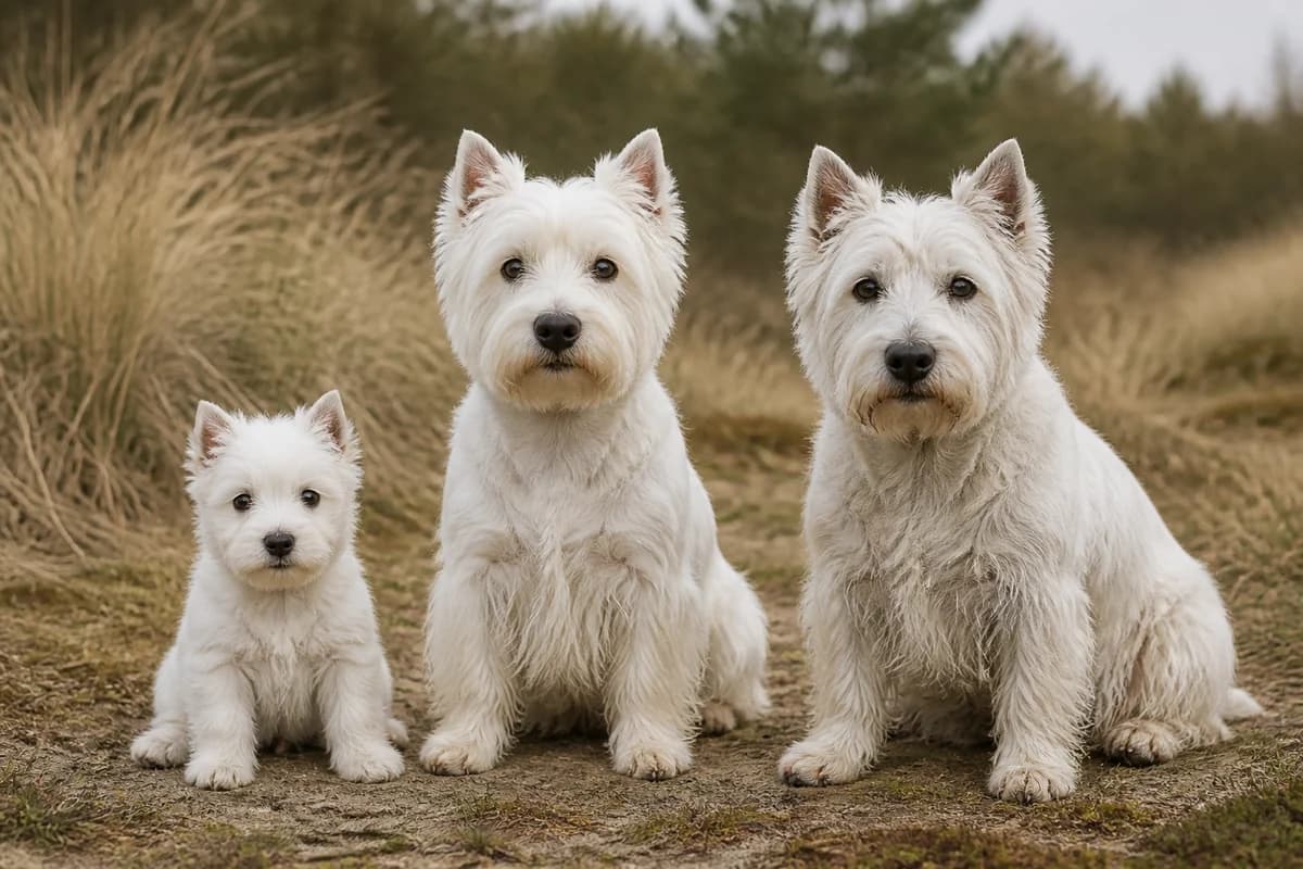 Portrait de trois west highland white terrier : un chiot, un adulte et un chien âgé