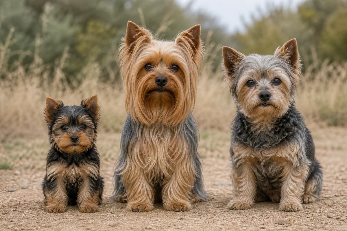 Portrait de trois yorkshire terrier : un chiot, un adulte et un chien âgé