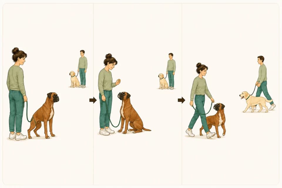 Illustration de l’exercice : Croiser un autre chien en laisse sans incident