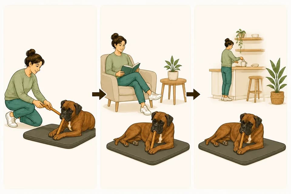 Illustration de l’exercice : Apprendre à un chien à s’occuper seul