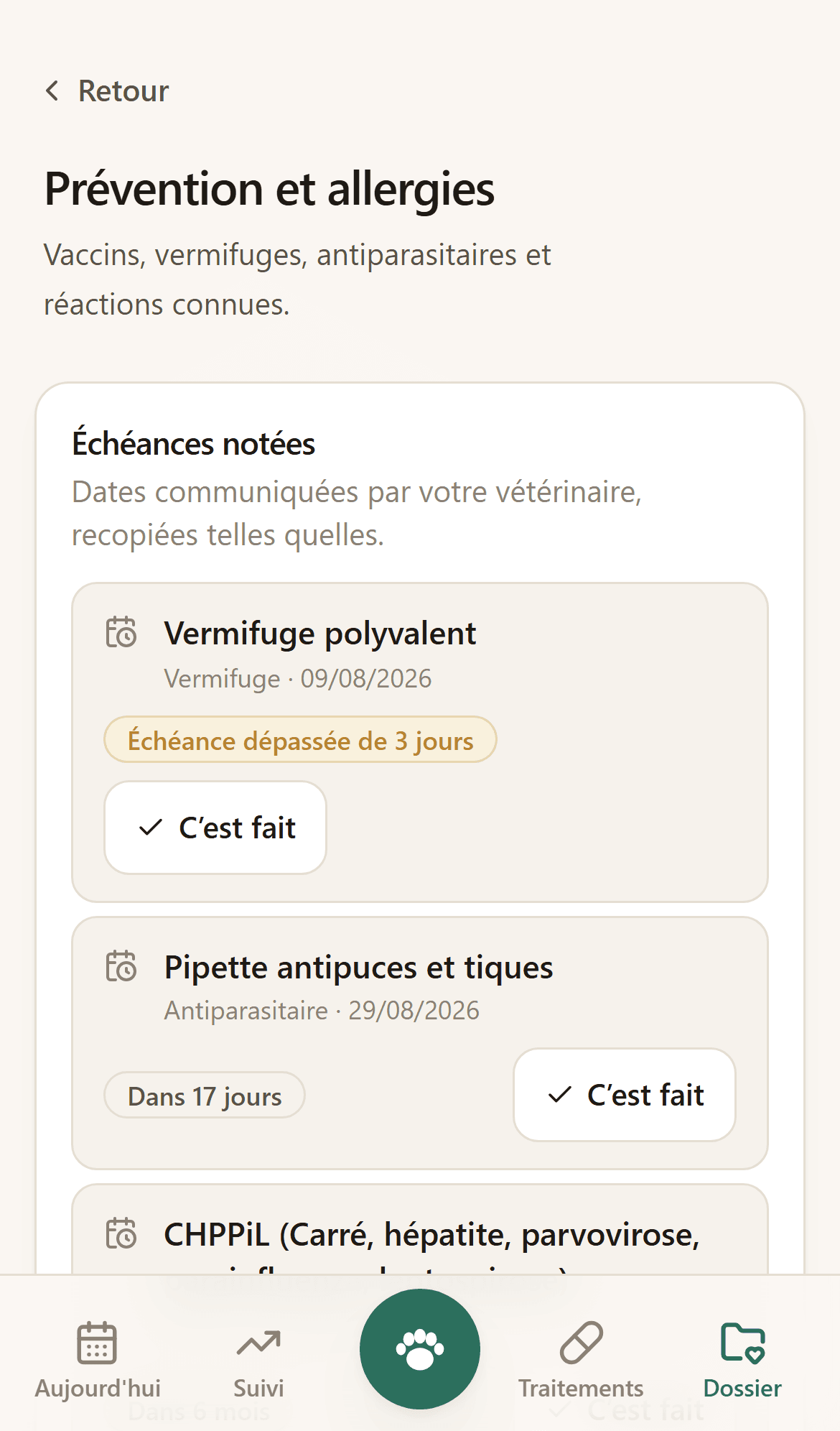 Écran de prévention : les vaccins faits, les vermifuges, et les prochaines échéances.