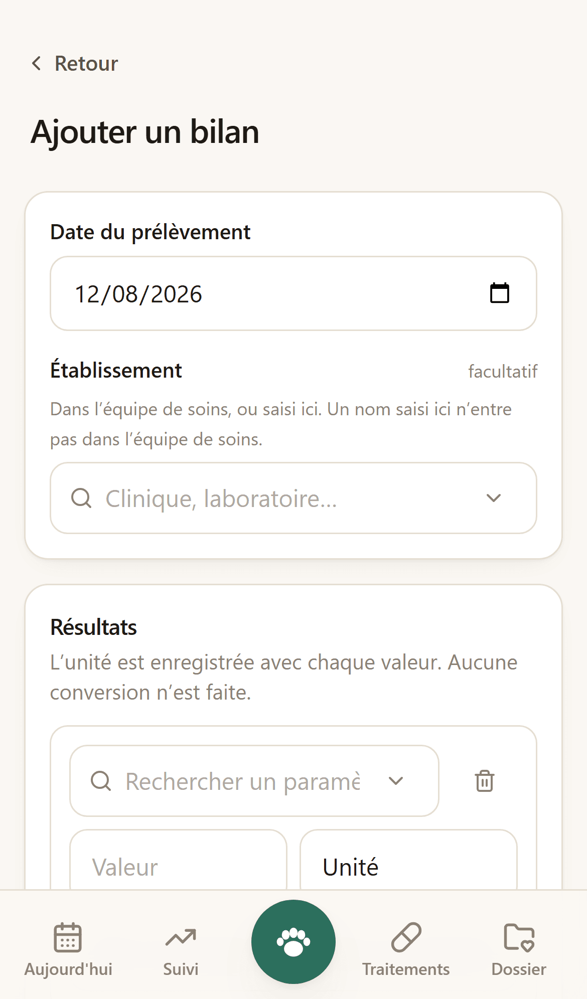 Formulaire de saisie d’un bilan sanguin : une ligne par paramètre, avec sa valeur et son unité.