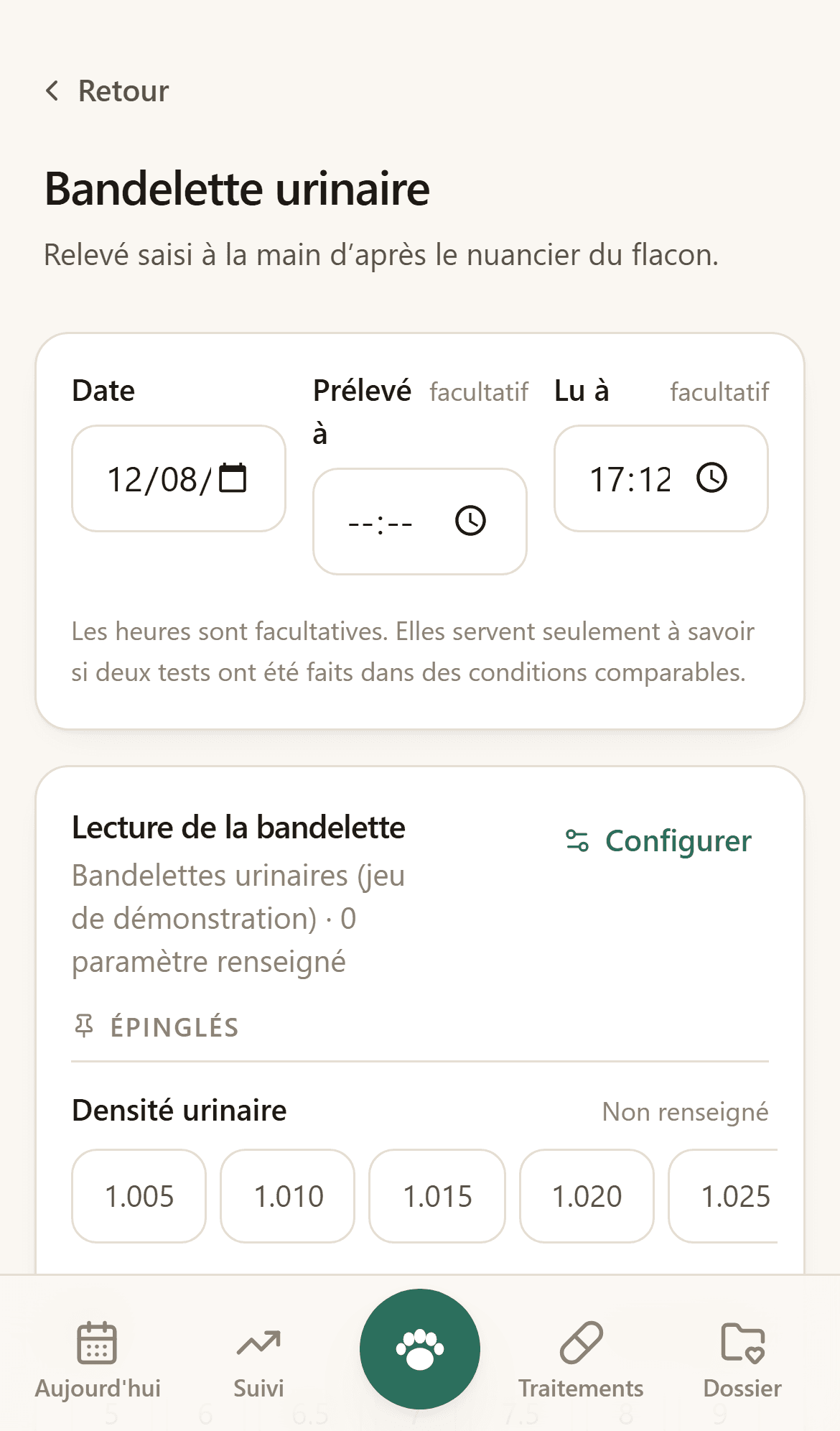 Formulaire de saisie d’une bandelette urinaire, un groupe de boutons par carré du nuancier.