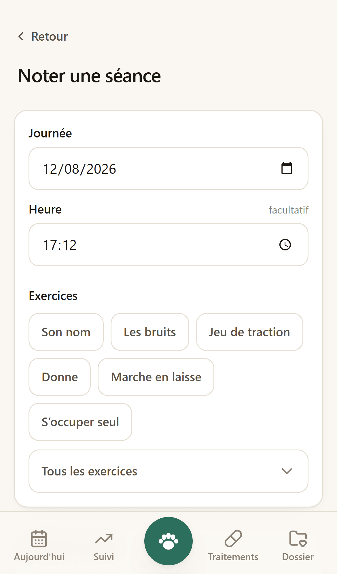 Formulaire d’une séance d’éducation : la liste des exercices et le lieu de la séance.