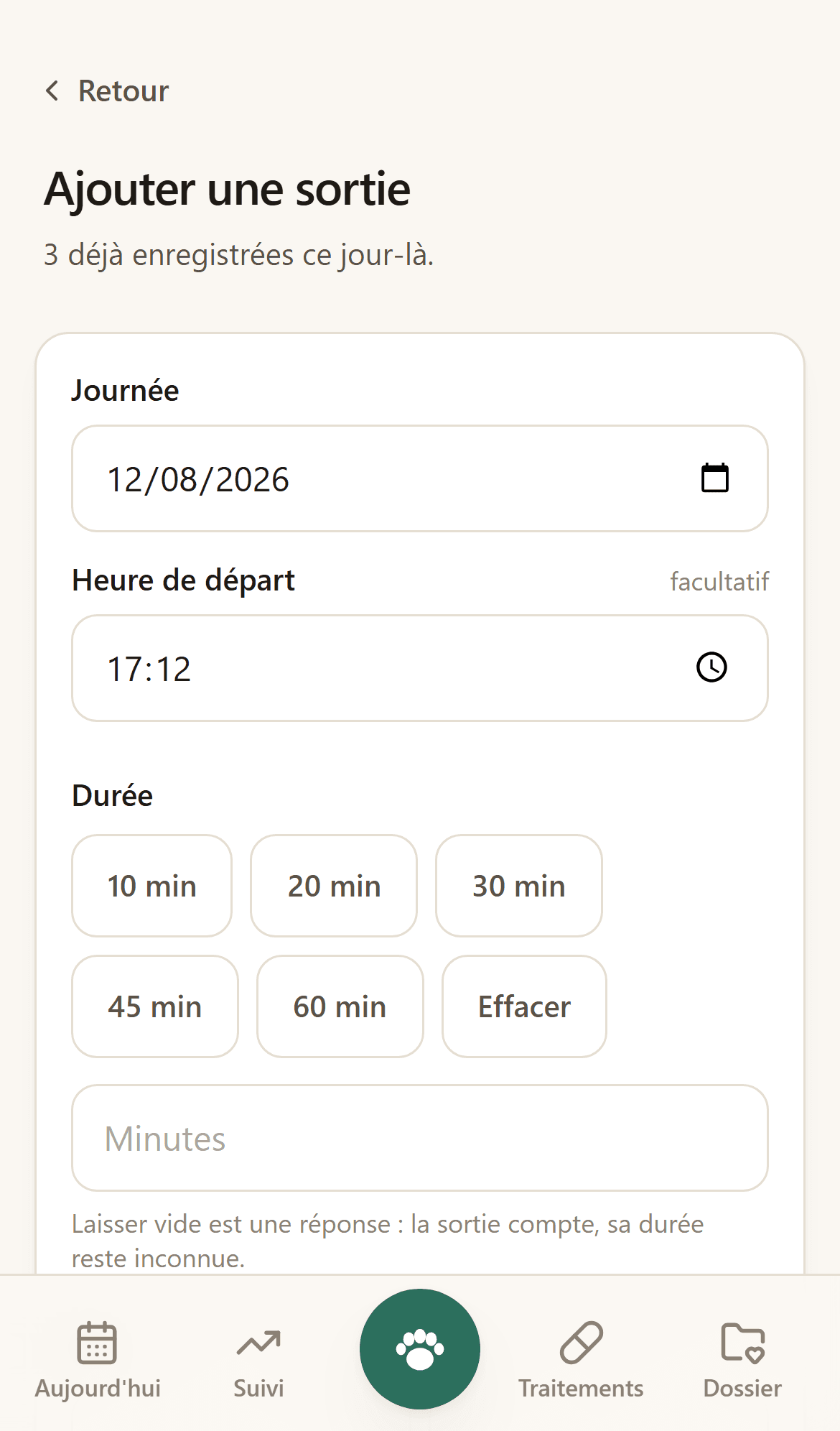 Formulaire de saisie d’une sortie, avec les durées proposées en gros boutons.
