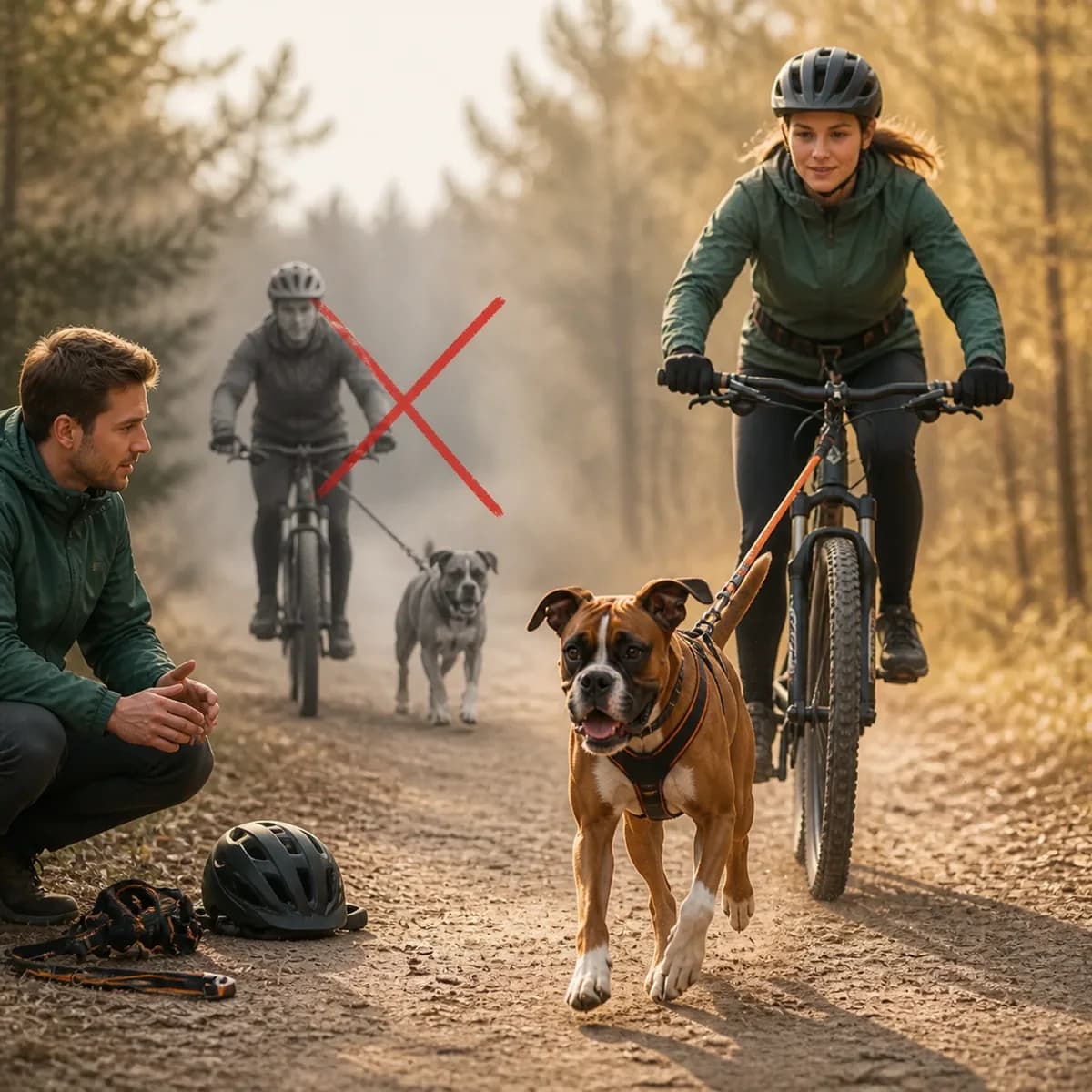 Illustration éditoriale originale créée pour l’article « Cani-VTT et cani-trottinette : la traction à vélo »