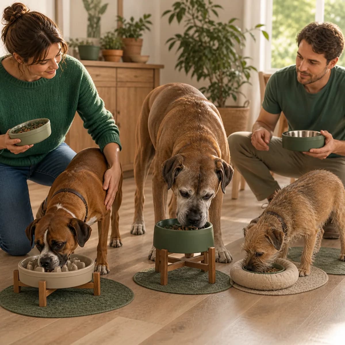 Illustration éditoriale originale créée pour l’article « Nourrir plusieurs chiens dans le même foyer »