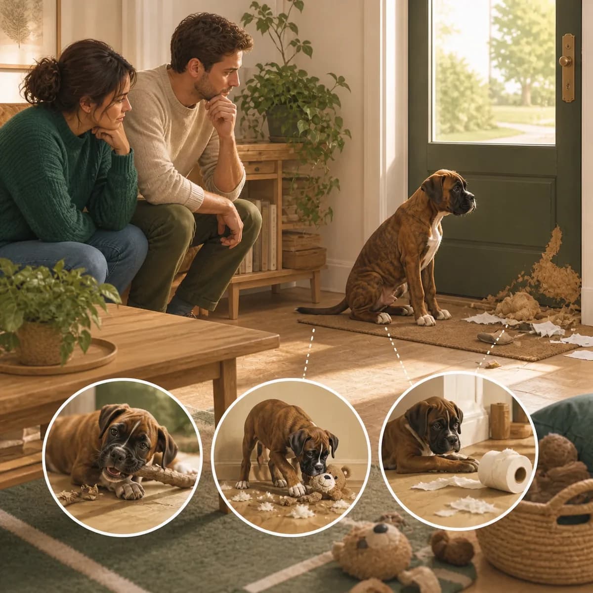Illustration éditoriale originale créée pour l’article « Mon chiot détruit tout »