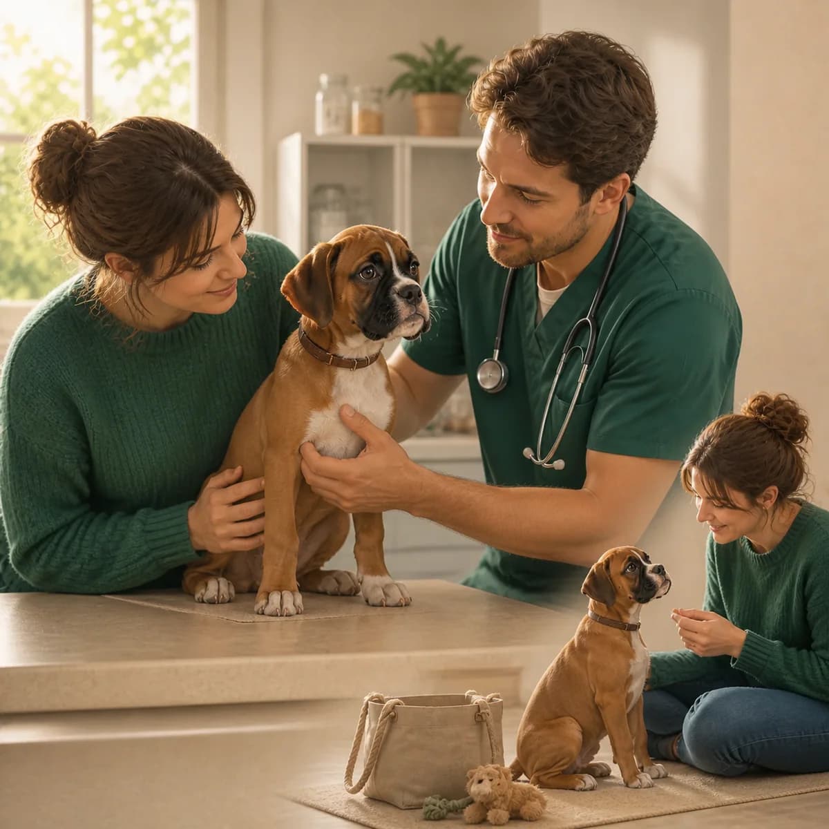 Illustration éditoriale originale créée pour l’article « Les premiers rendez-vous vétérinaires d’un chiot »