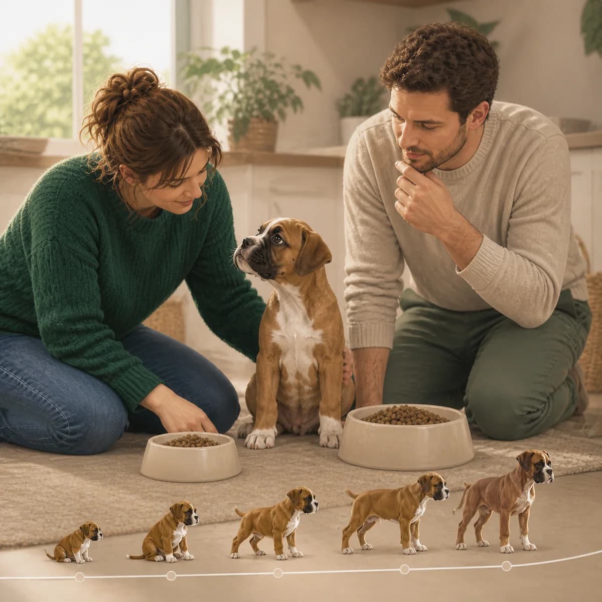 Illustration éditoriale originale créée pour l’article « Nourrir un chiot : quantité et rythme »