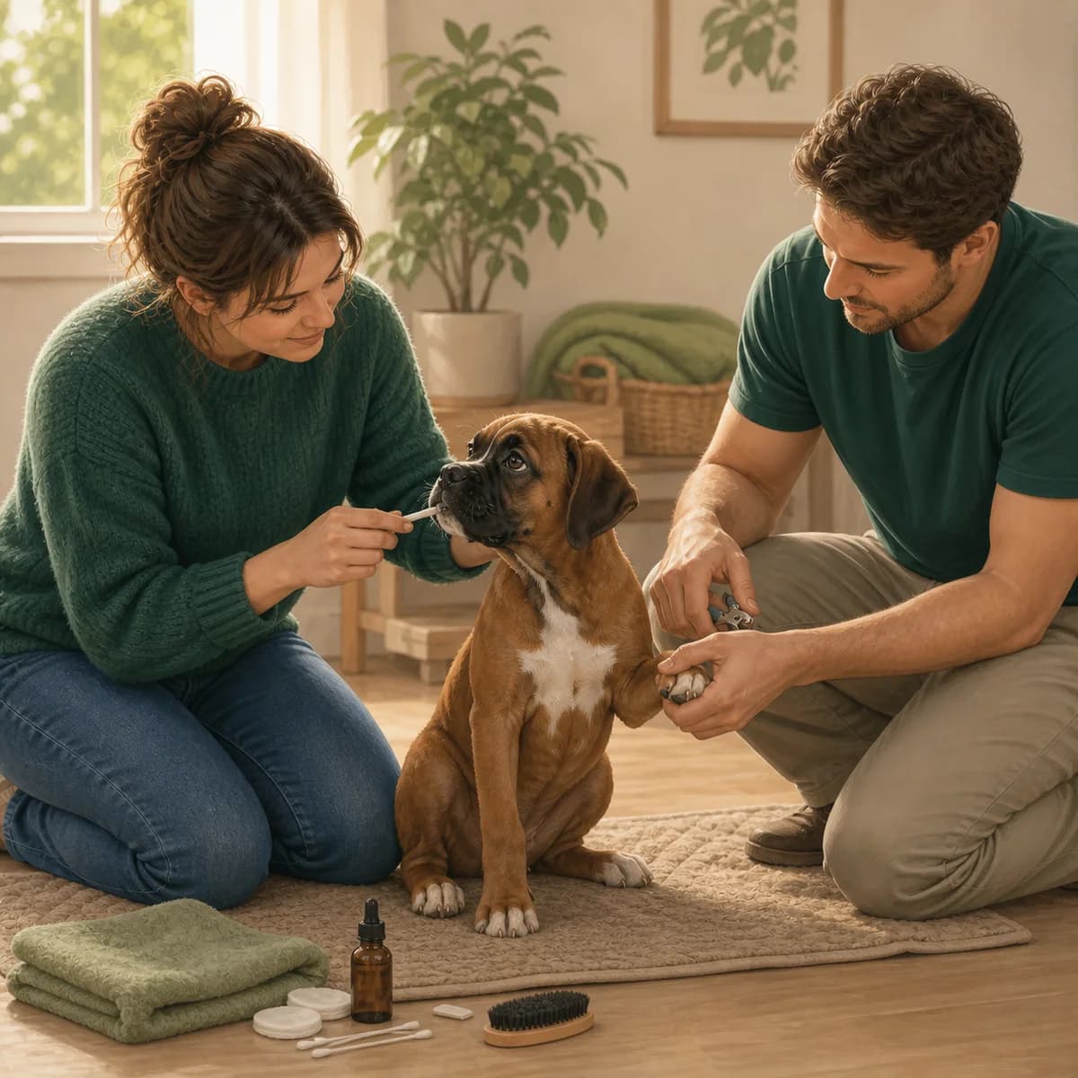Illustration éditoriale originale créée pour l’article « Préparer un chiot aux soins »