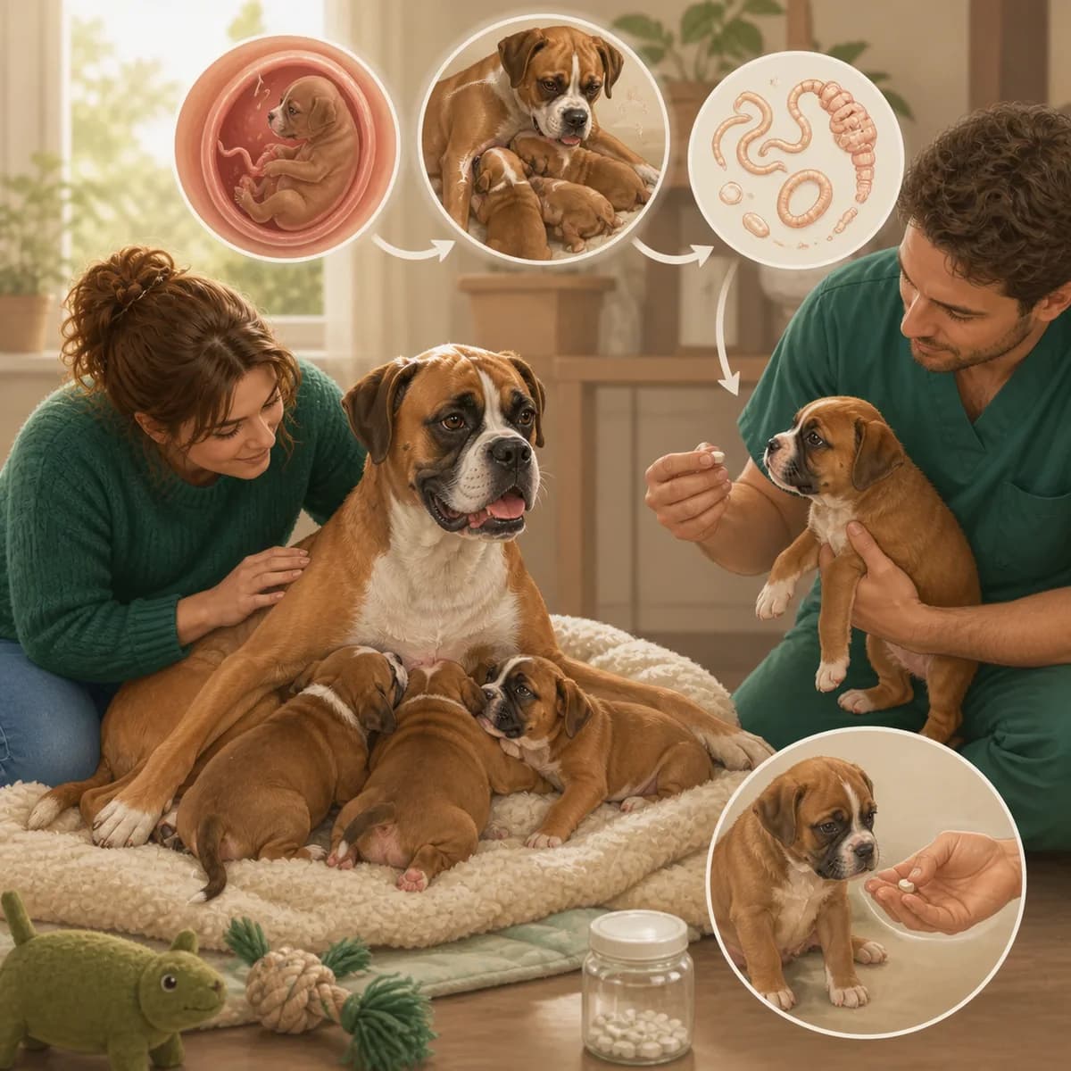 Illustration éditoriale originale créée pour l’article « Vermifuger un chiot : pourquoi si souvent »