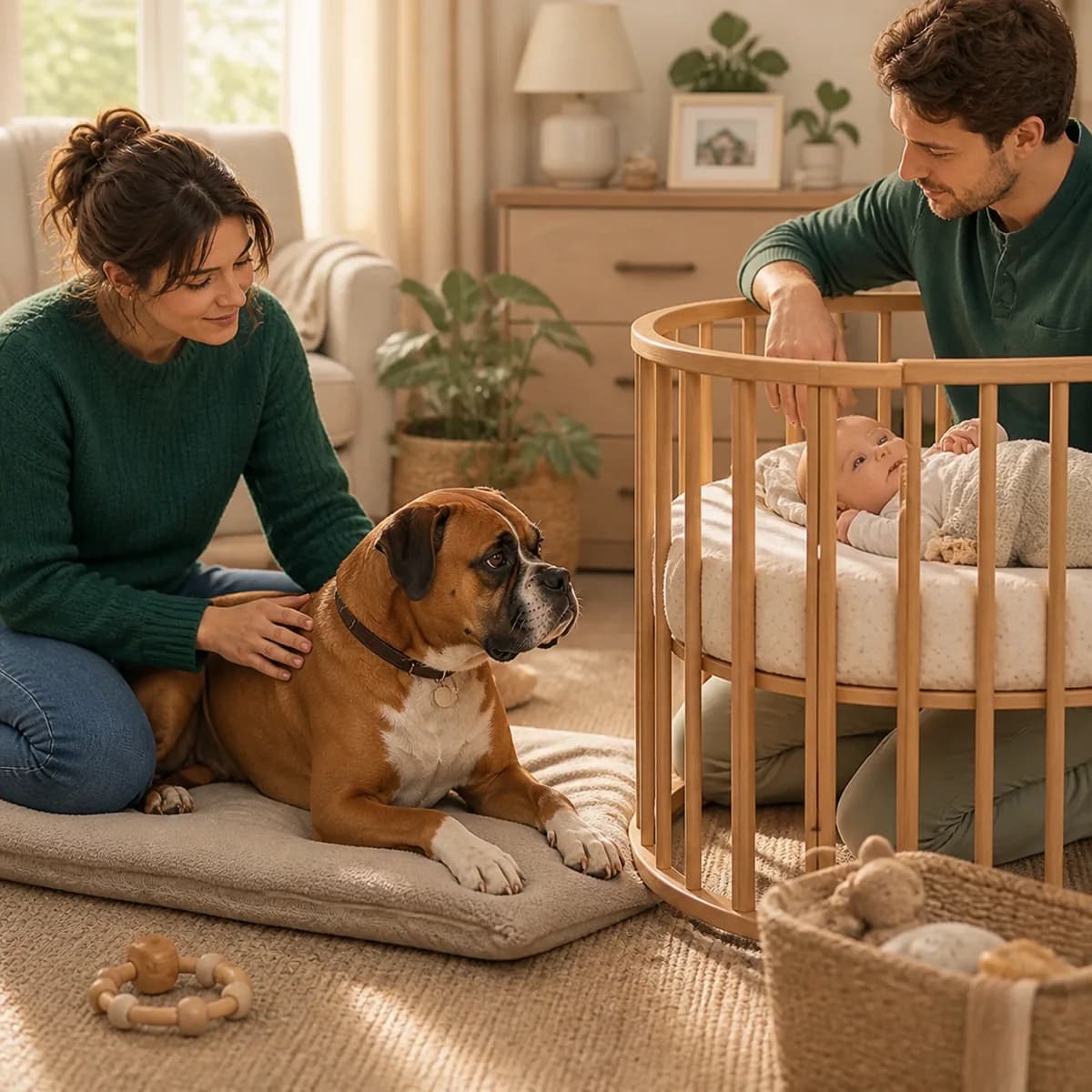 Illustration éditoriale originale créée pour l’article « Préparer l’arrivée d’un bébé avec un chien »