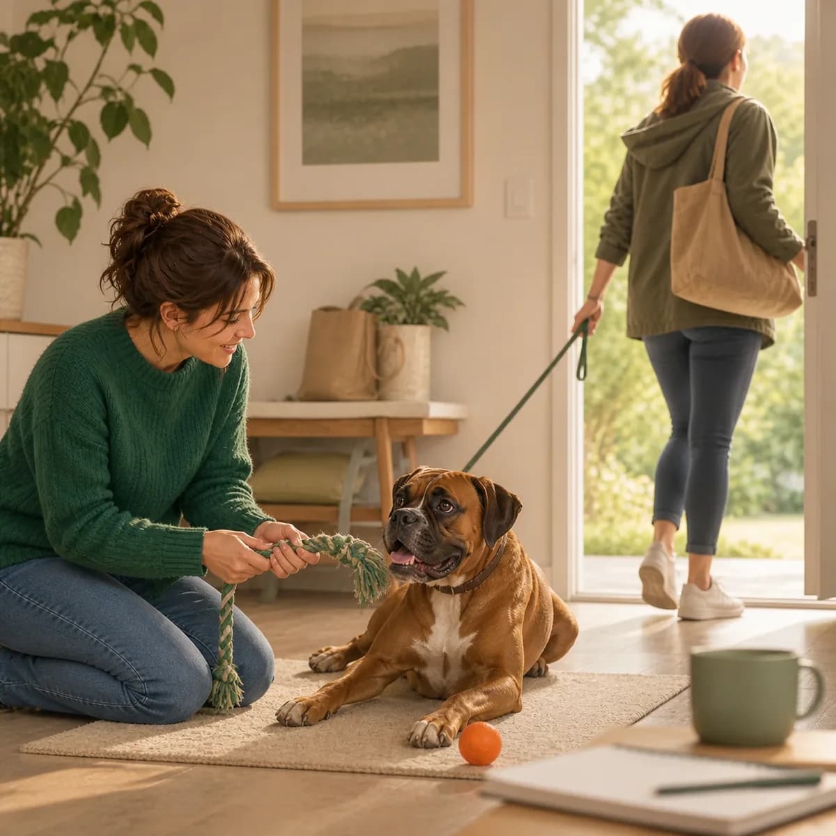 Illustration éditoriale originale créée pour l’article « Vivre avec un chien quand on travaille beaucoup »