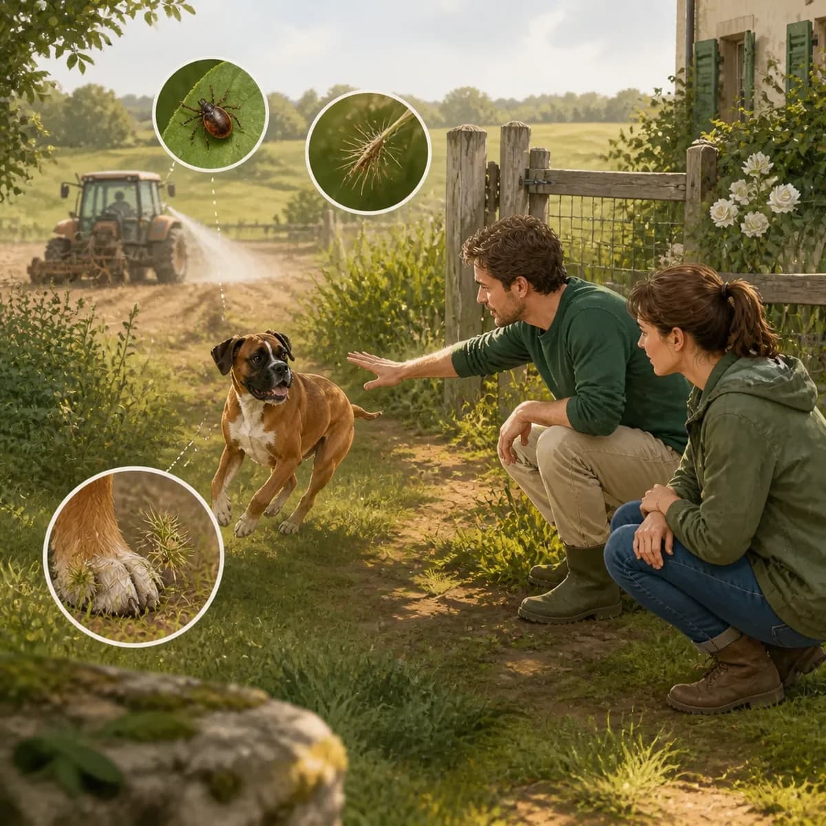 Illustration éditoriale originale créée pour l’article « Vivre avec un chien à la campagne »