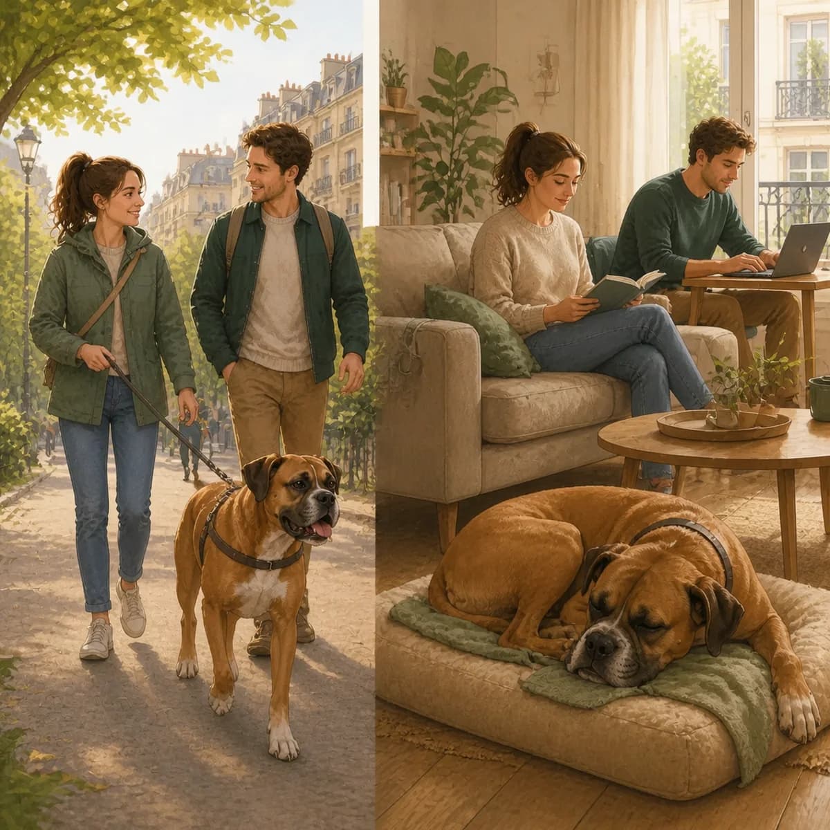 Illustration éditoriale originale créée pour l’article « Le chien en appartement »