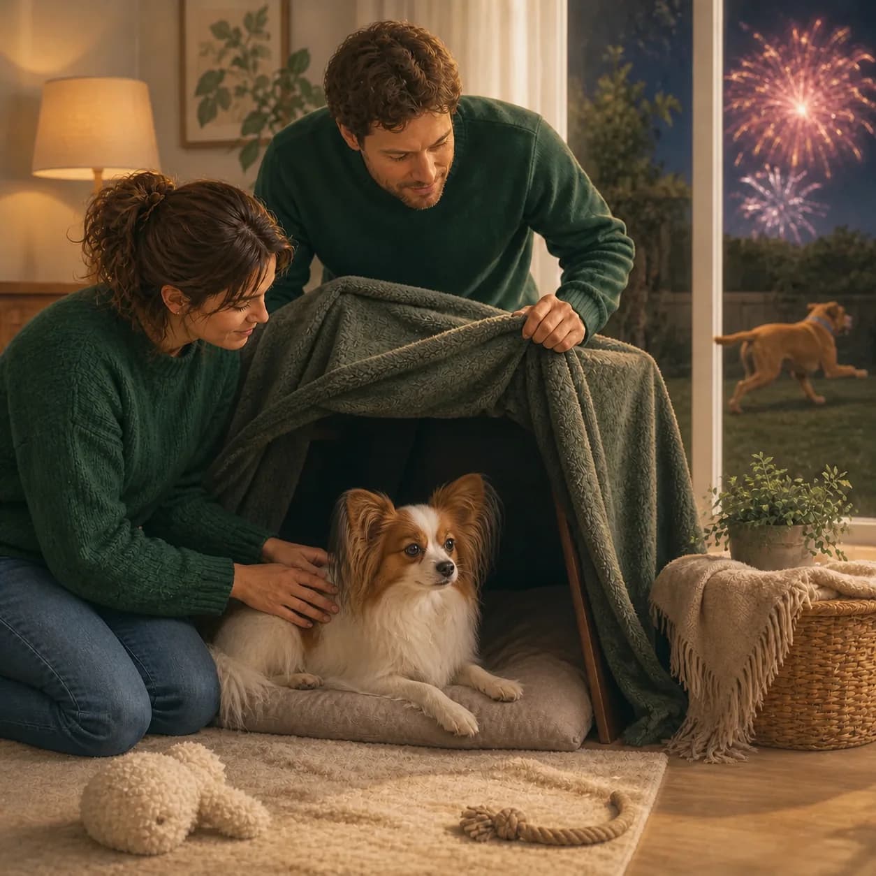Illustration éditoriale originale créée pour l’article « Les feux d’artifice et le chien »