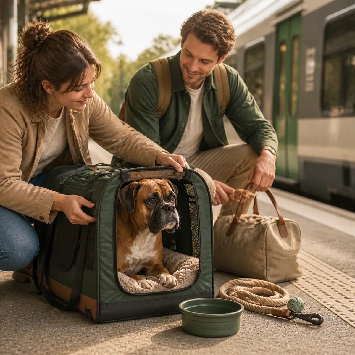 Illustration éditoriale originale créée pour l’article « Prendre le train avec son chien »