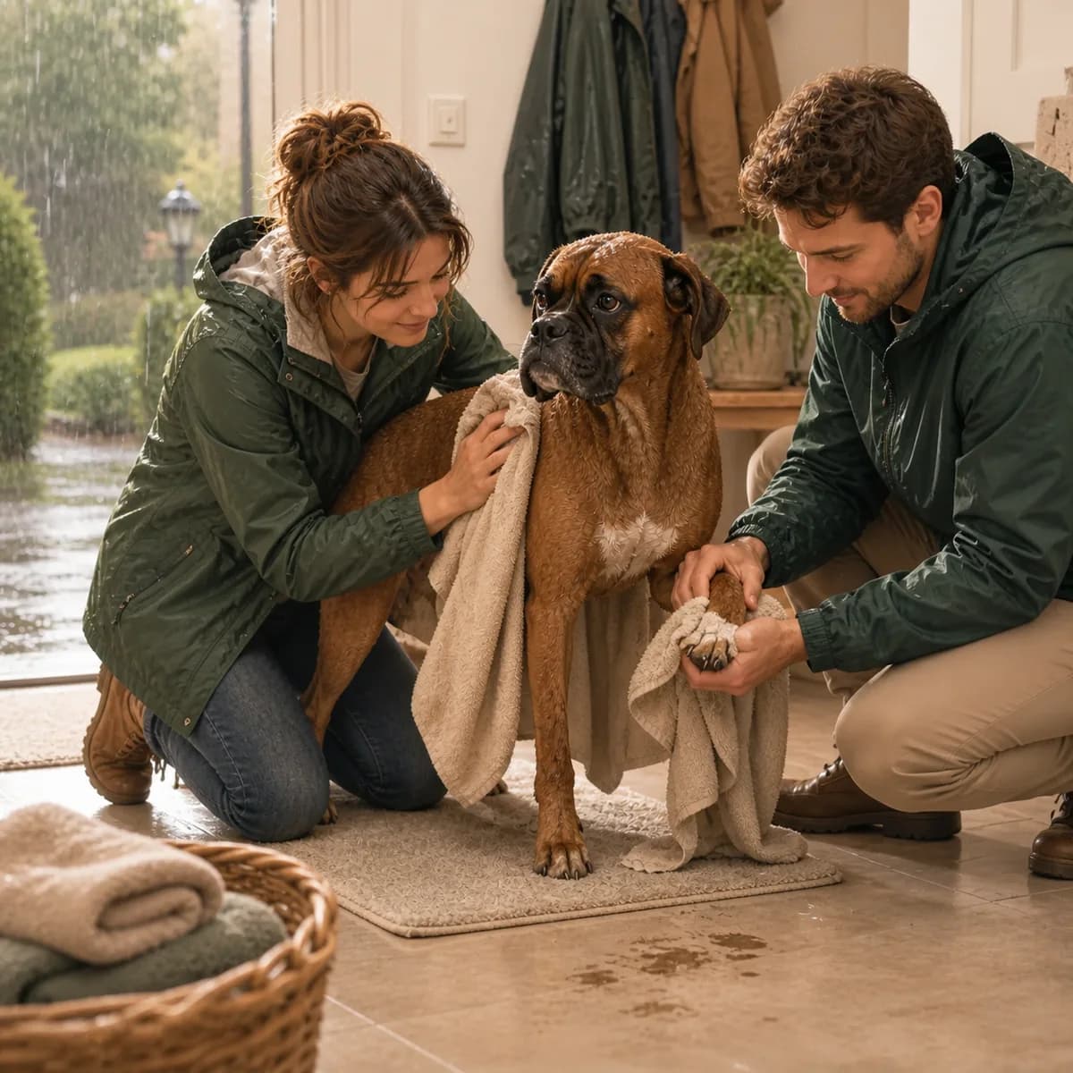 Illustration éditoriale originale créée pour l’article « Promener son chien sous la pluie »