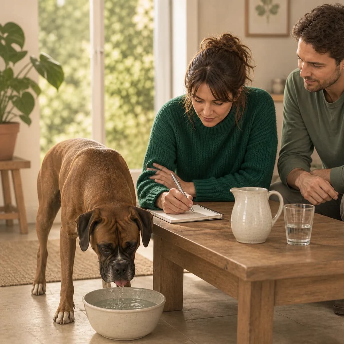Illustration éditoriale originale créée pour l’article « Mon chien boit beaucoup : ce qu’il faut mesurer »