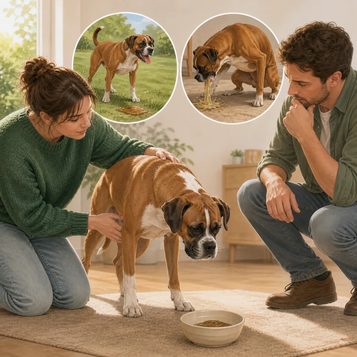 Illustration éditoriale originale créée pour l’article « Mon chien vomit : ce qui se surveille et ce qui presse »