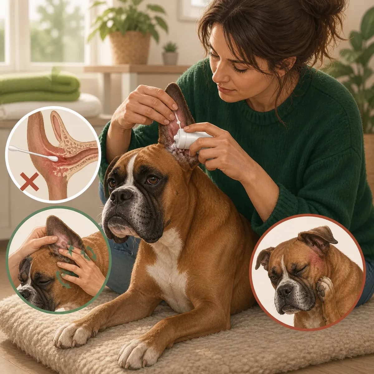 Illustration éditoriale originale créée pour l’article « Nettoyer les oreilles de son chien : quand et comment »