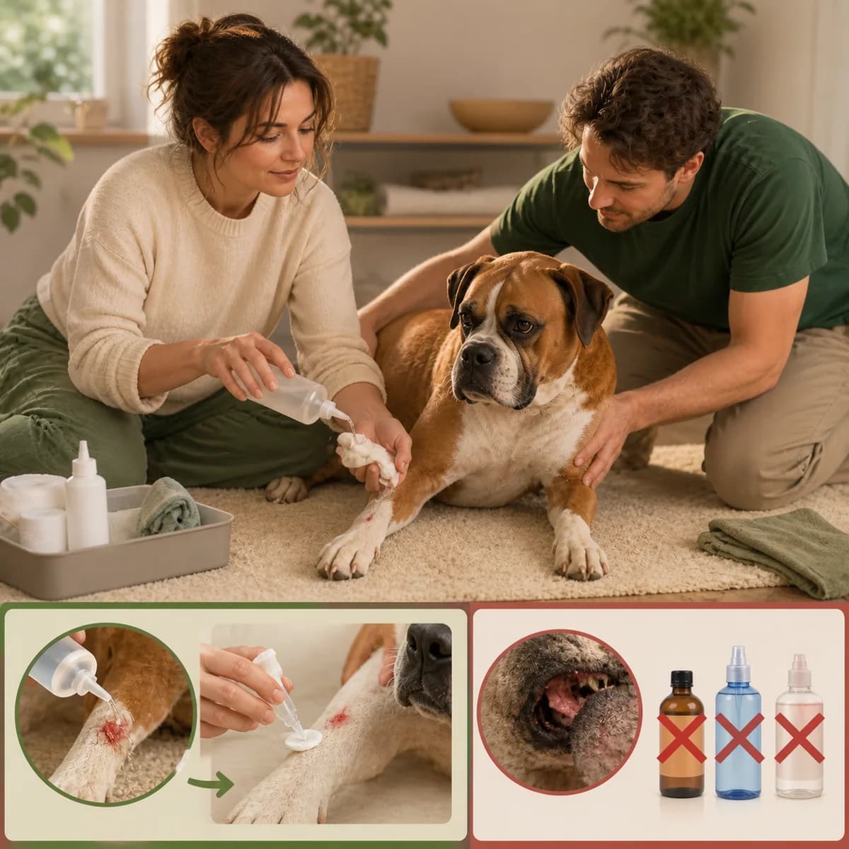 Illustration éditoriale originale créée pour l’article « Soigner une petite plaie chez son chien »