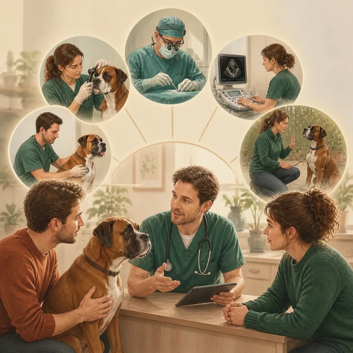 Illustration éditoriale originale créée pour l’article « Les spécialistes vétérinaires : qui fait quoi »