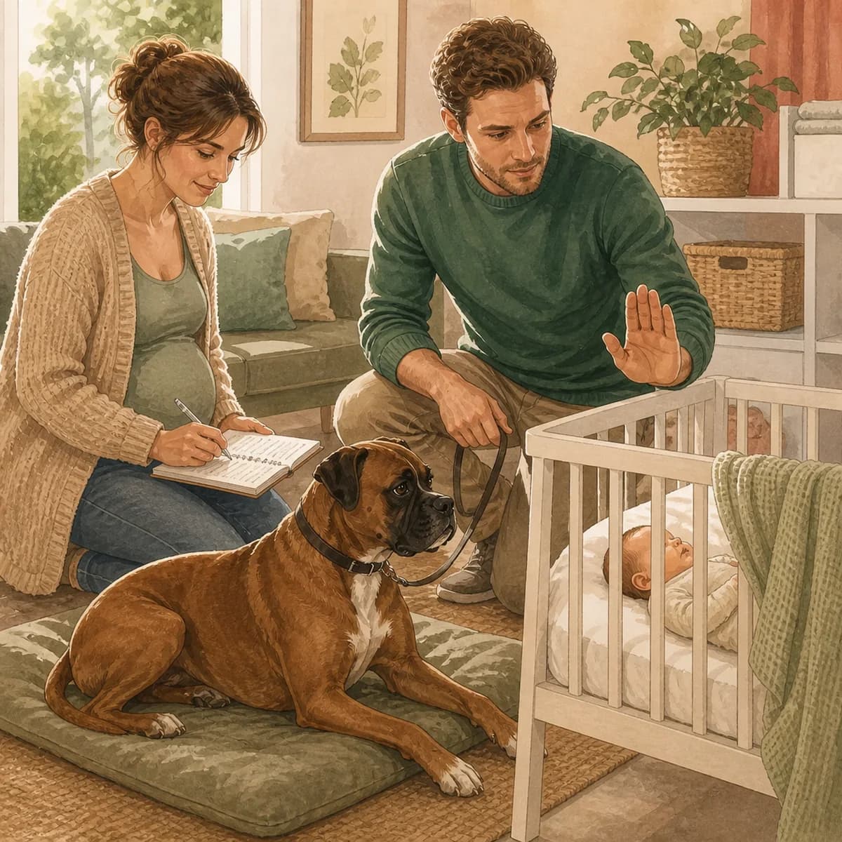 Illustration éditoriale originale créée pour l’article « L’arrivée d’un bébé dans un foyer avec chiens »
