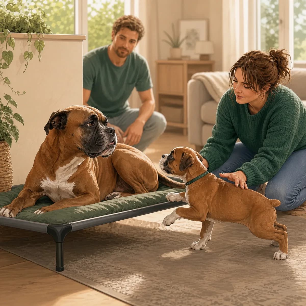 Illustration éditoriale originale créée pour l’article « L’arrivée d’un chiot chez un chien adulte »