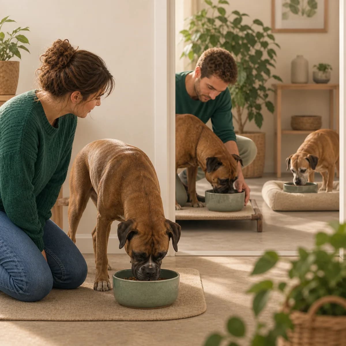 Illustration éditoriale originale créée pour l’article « Nourrir plusieurs chiens sans conflit »