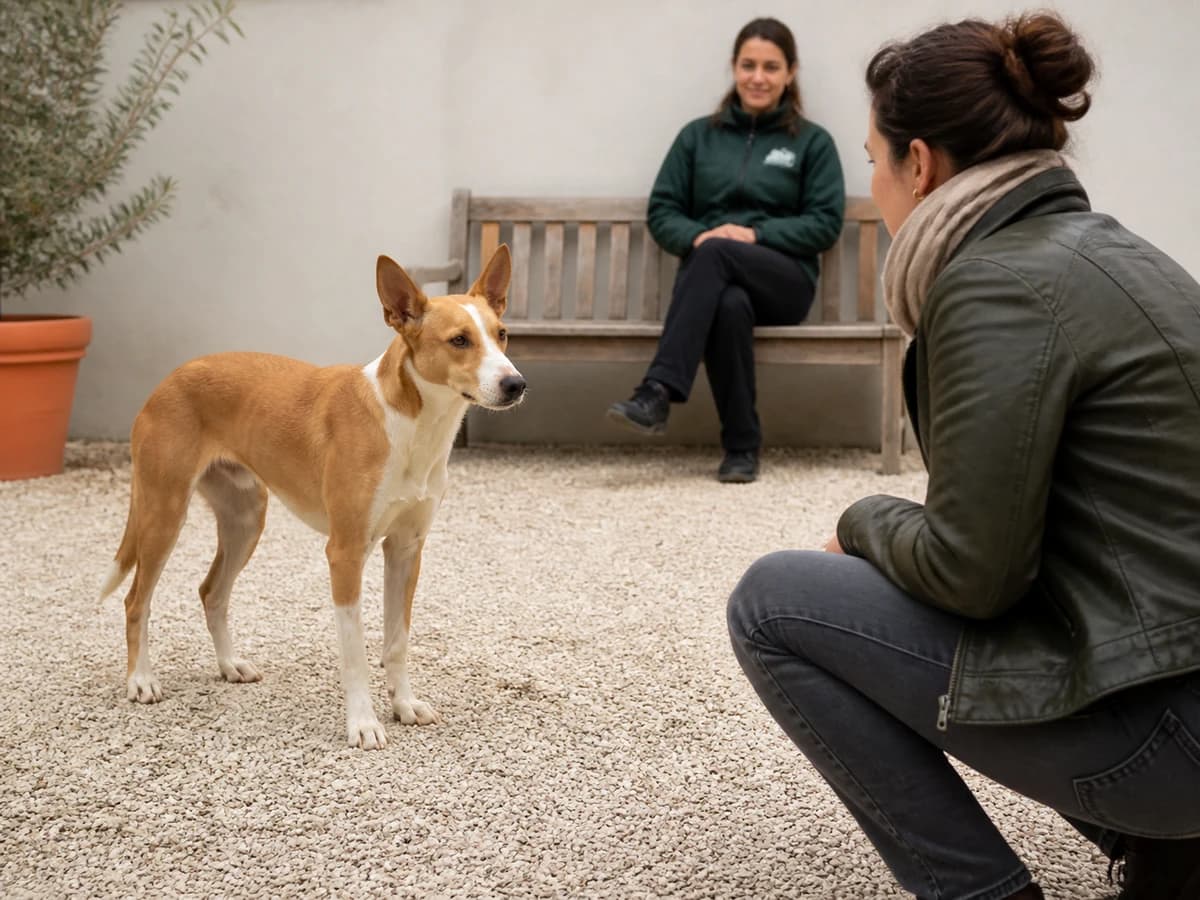 Un chien croisé de type Podenco rencontre calmement une adoptante au refuge. Photographie choisie pour l’article « Combien coûte réellement un chien »