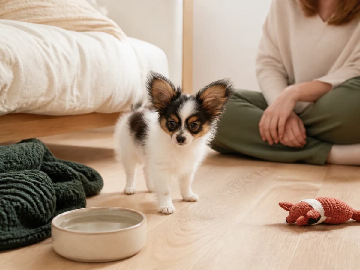 Un chiot Papillon explore une pièce calme préparée pour son arrivée. Photographie choisie pour l’article « Mon chiot détruit tout »