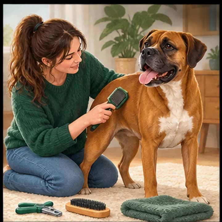 Une propriétaire brosse son chien avec du matériel de soin posé à portée de main. Illustration pour l’article « Nettoyer les plis de son chien »