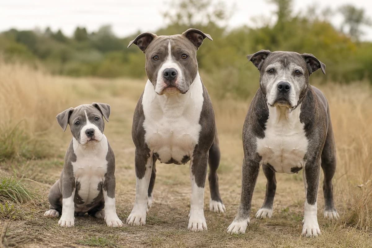 Portrait de trois american staffordshire terrier : un chiot, un adulte et un chien âgé