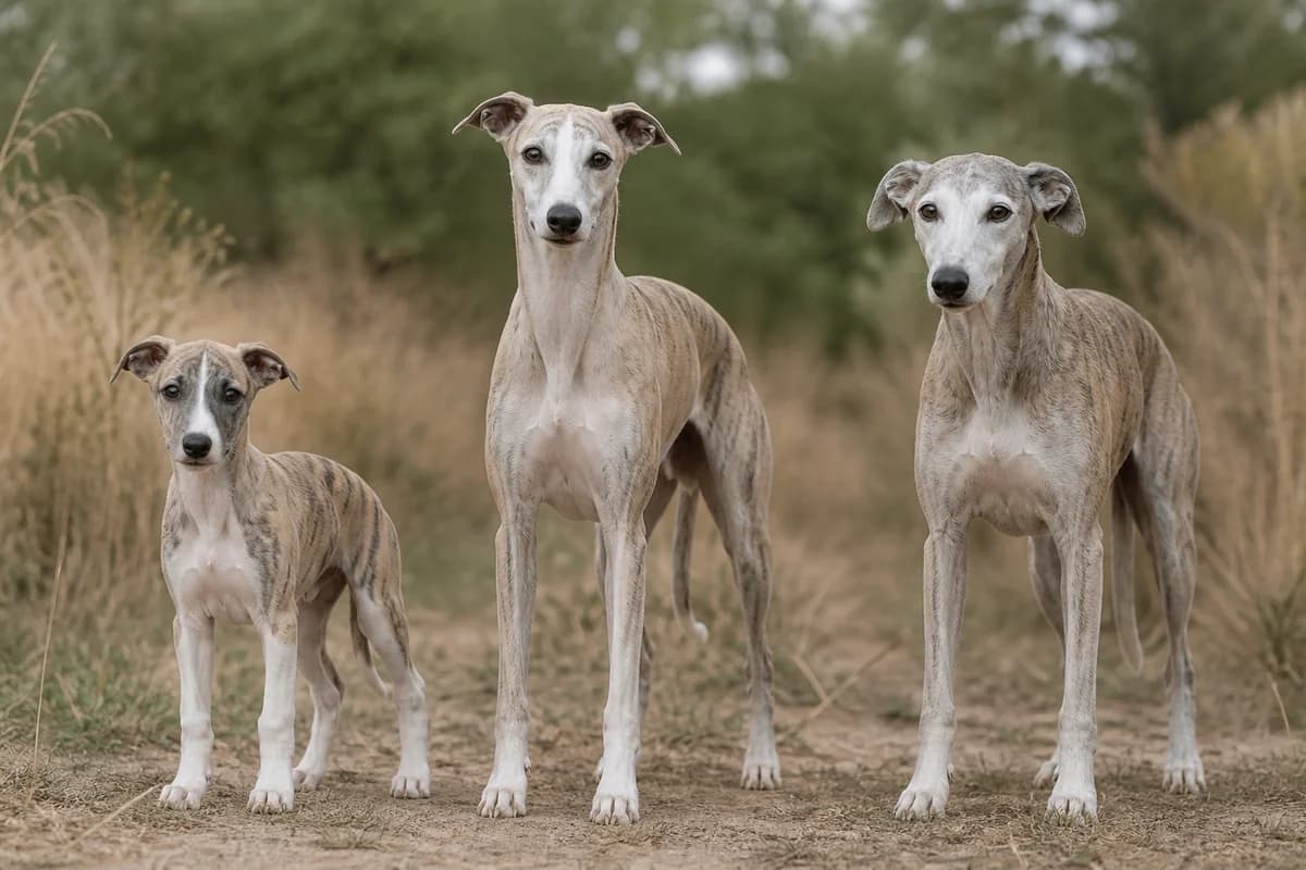 Portrait de trois whippet : un chiot, un adulte et un chien âgé